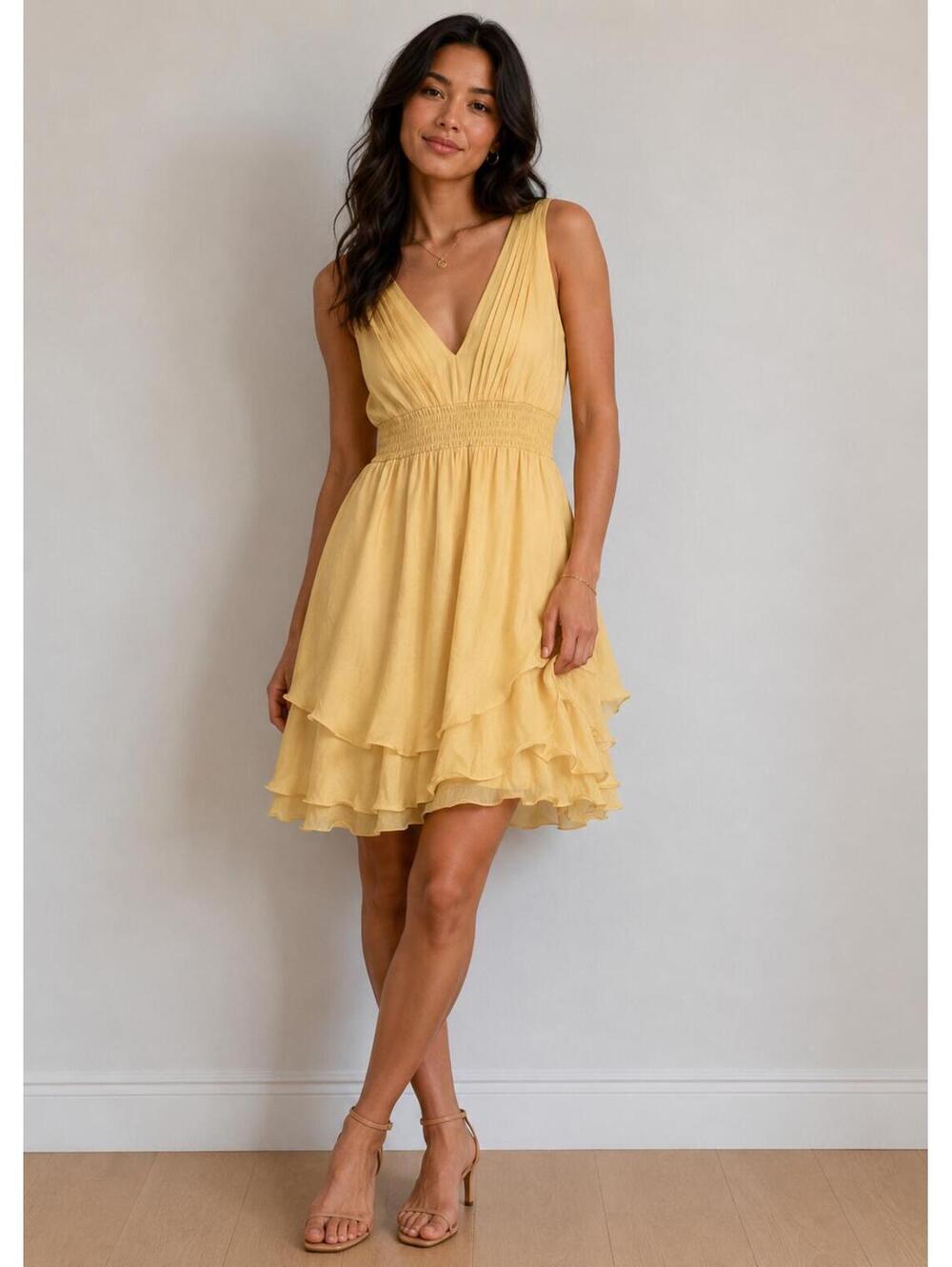 Panos‎ Emporio Yellow Ruffle Mini Dress Size 36 Sleeveless Fit & Flare